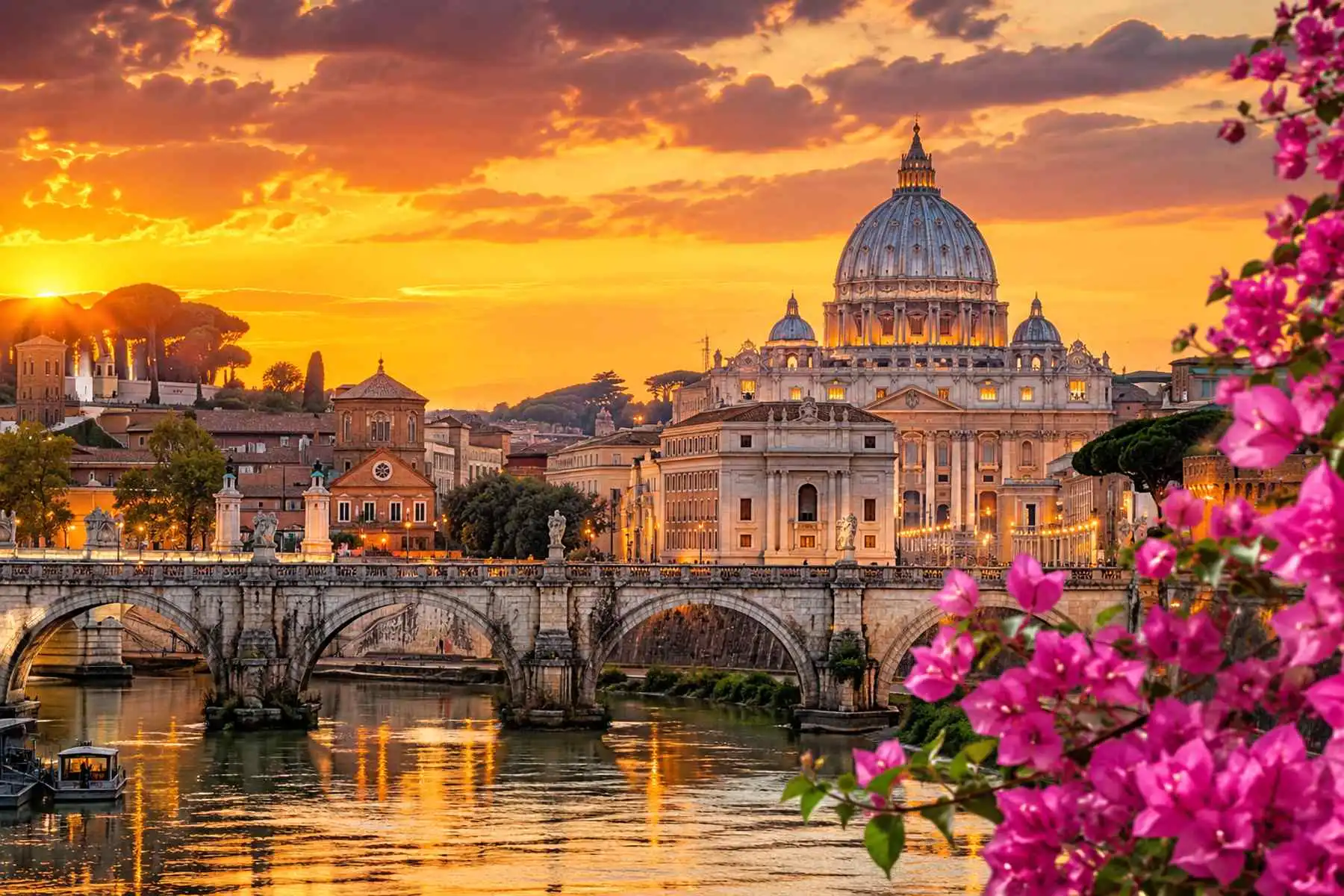 Pohled na baziliku svatého Petra a řeku Tiberu při západu slunce. Řím spojuje antické dědictví, monumentální architekturu i jedinečnou atmosféru, která každoročně přitahuje miliony návštěvníků z celého světa.