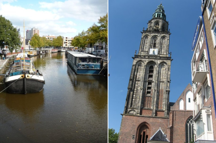 vodní kanál v Groningenu a věž kostela Martini